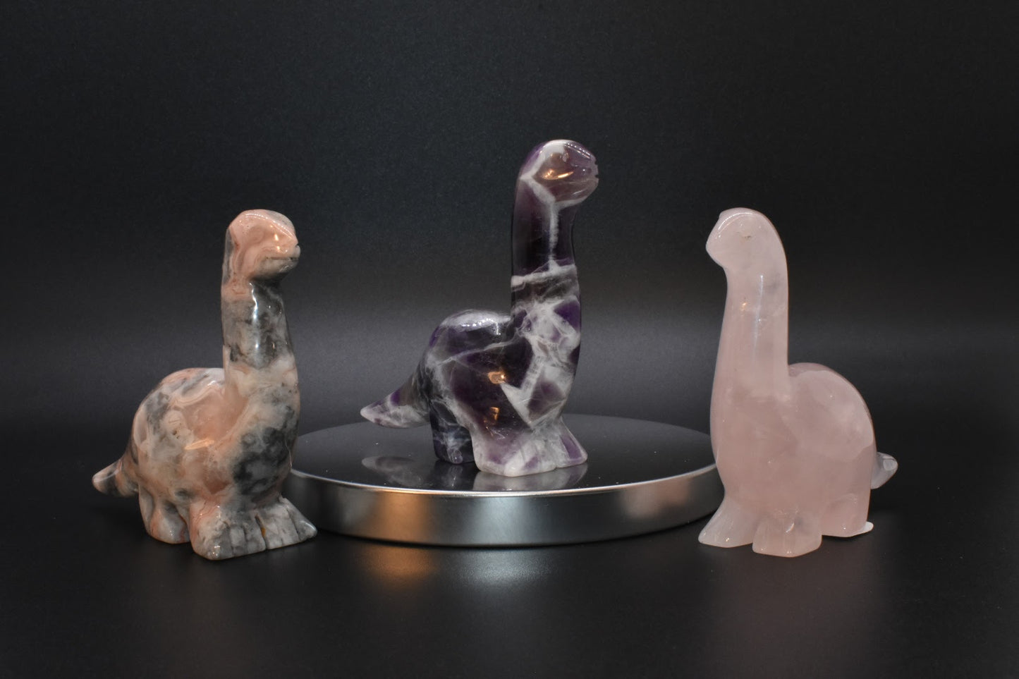 mini Crazy Lace Agate, Amethyst, and Rose Quartz dinosaurs